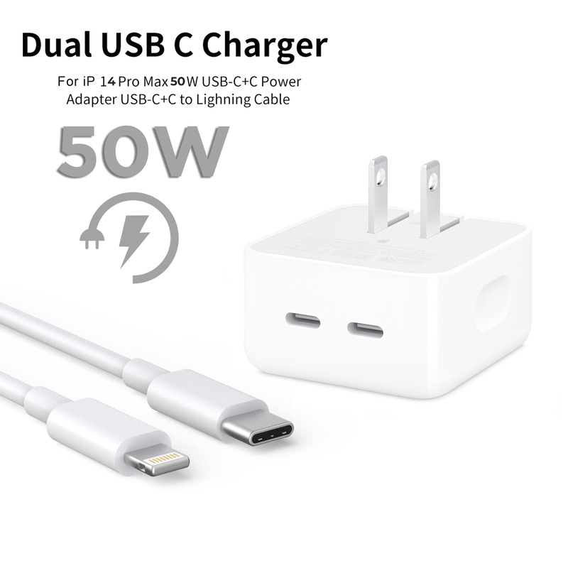 IPhone 14 Pro 3 Pin (Uk Pin) 50w Usb-C+C Power Adapter With Usb-C To Lightining Cable
