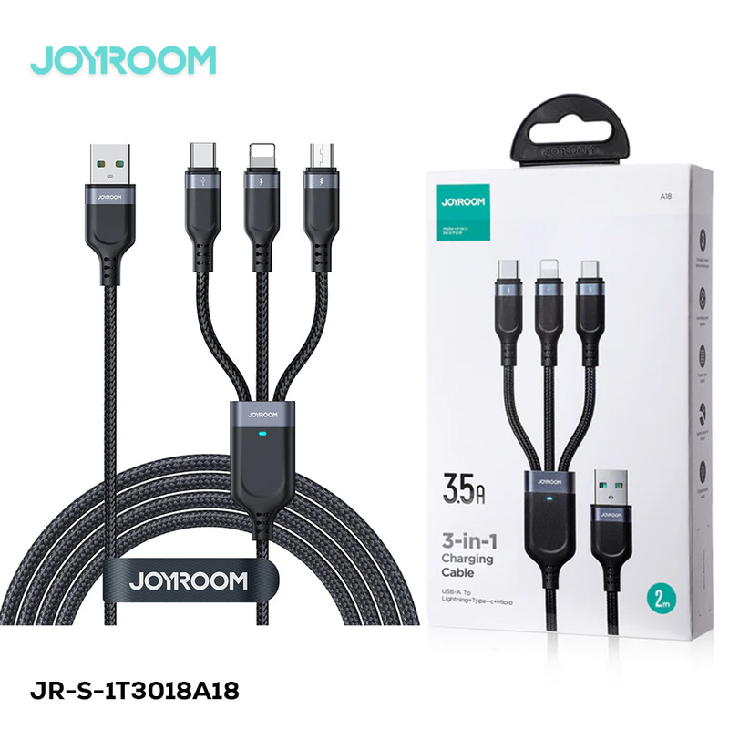 Joyroom S-1t3018a18 Multi-Use 3.5a Usb-A To Lightning+Type-C+Micro 3-In-1 Data Cable1 2m-Black